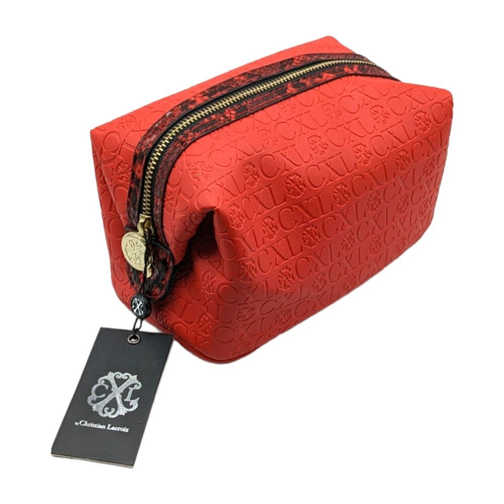 Christian LaCroix Toiletry Makeup Bag Expandable Red Snakeskin Print NWT